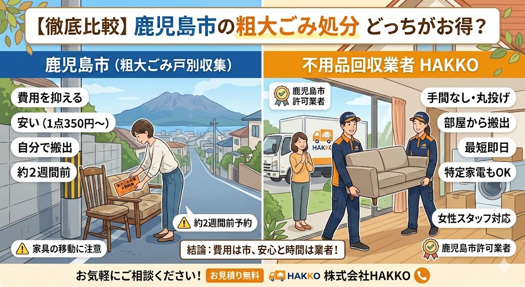 【徹底比較】鹿児島市の「粗大ごみ戸別収集」と「不用品回収業者」どちらがお得？片付けのプロが正直に解説します！