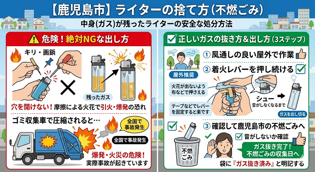 鹿児島市におけるライターの捨て方（不燃ごみ）に関するインフォグラフィック。左側は危険な出し方として、キリや画鋲で穴を開けると摩擦火花で爆発・引火の恐れがあり、ゴミ収集車での事故も起きていると警告。右側は正しい出し方を3ステップで解説。（1）風通しの良い屋外で作業、（2）着火レバーを押し続けてシューという音がしなくなるまでガスを出し切る（布で火花を防ぐなどのコツも紹介）、（3）音がしないか確認し、鹿児島市の「不燃ごみ」へ出す。