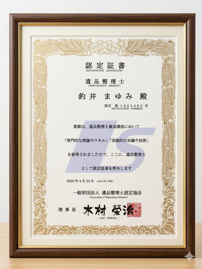 遺品整理士認定証 釣井まゆみ 認定第1S62482号 一般財団法人遺品整理士認定協会