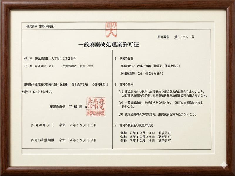 一般廃棄物処理業許可証 株式会社八光 鹿児島市長許可第625号