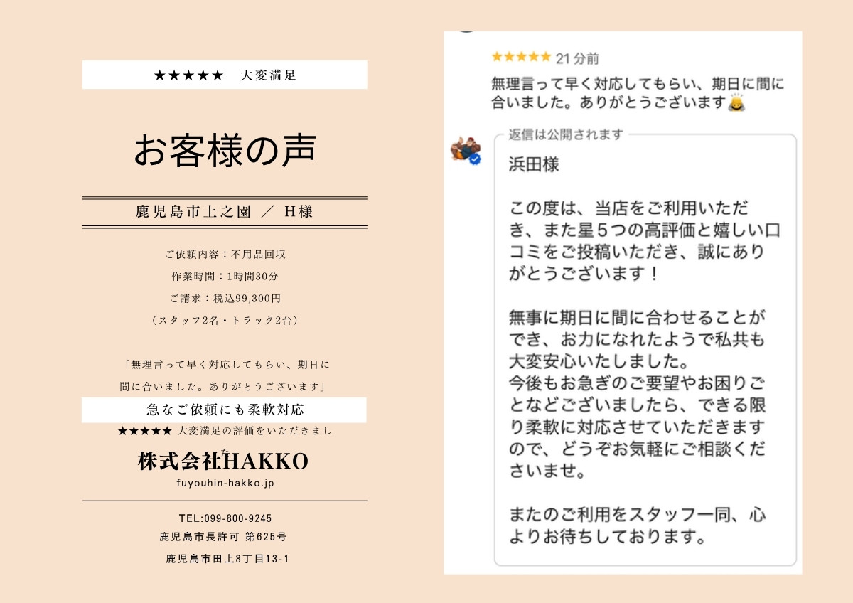 H様からいただいたGoogleレビュー（★★★★★・鹿児島市上之園マンション不用品回収）