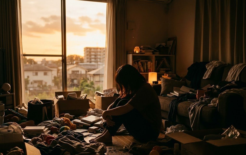 散らかった部屋の前で悩む女性のシルエット。ゴミ屋敷片付けに悩む方へのイメージ