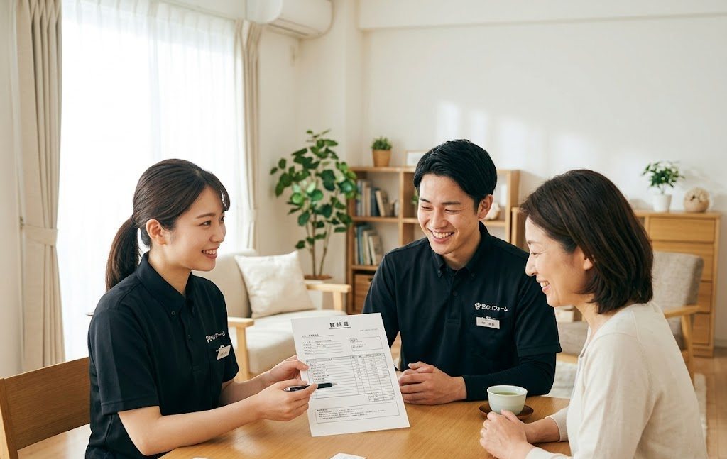 株式会社HAKKOのスタッフがお客様に見積書を丁寧に説明している様子