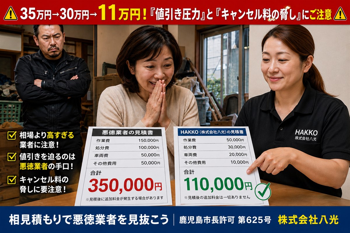 35万円→30万円→11万円救出！値引き圧力とキャンセル料の脅しから守るHAKKOの相見積もり比較。鹿児島市長許可第625号の正規業者・株式会社八光