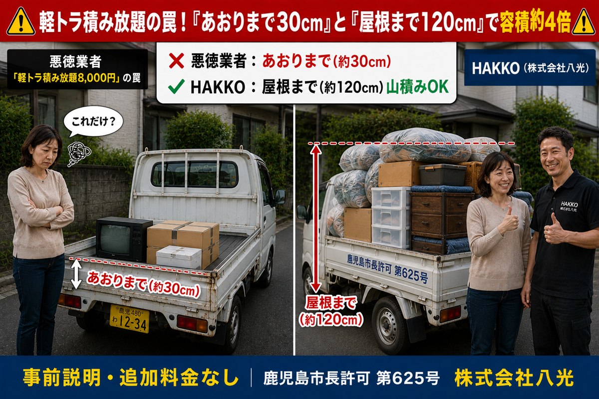 軽トラ積み放題の罠｜悪徳業者『あおりまで30cm』vs HAKKO『屋根まで120cm山積みOK』容積約4倍｜鹿児島市長許可第625号 株式会社八光