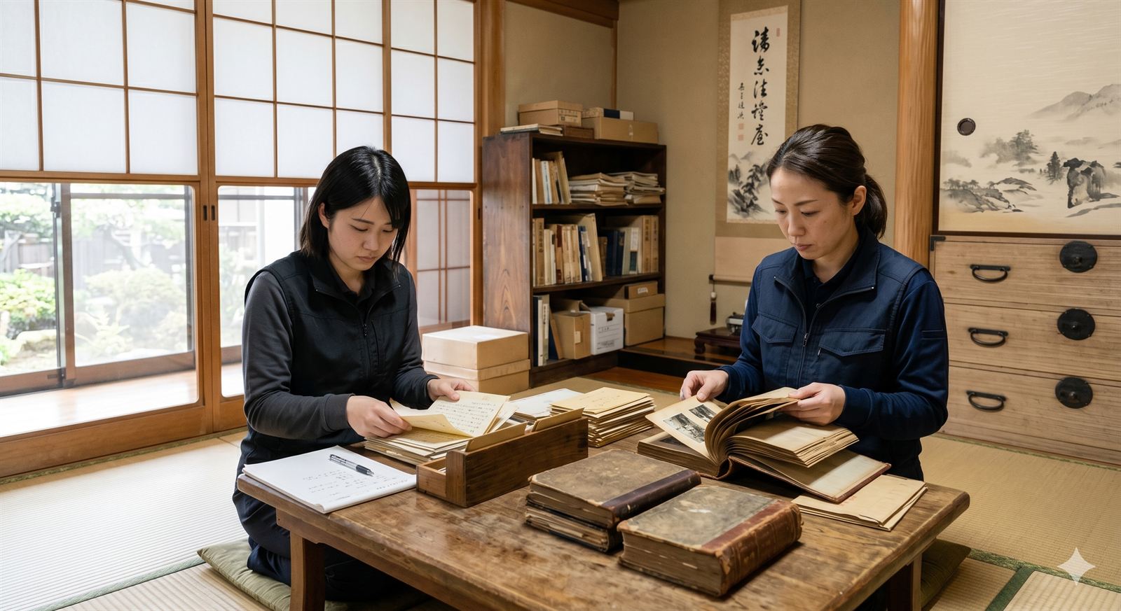 鹿児島市の遺品整理 株式会社HAKKO女性スタッフが和室で古いアルバム・手紙・書類を丁寧に分類