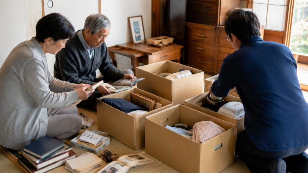 鹿児島市で親が施設に入る時の実家の片付けを家族で相談している様子