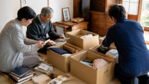 鹿児島市で親が施設に入る時の実家の片付けを家族で相談している様子