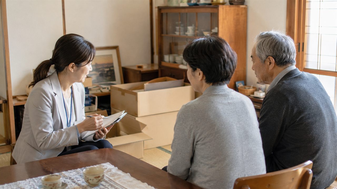 鹿児島市の実家の片付けについて女性スタッフに相談している家族