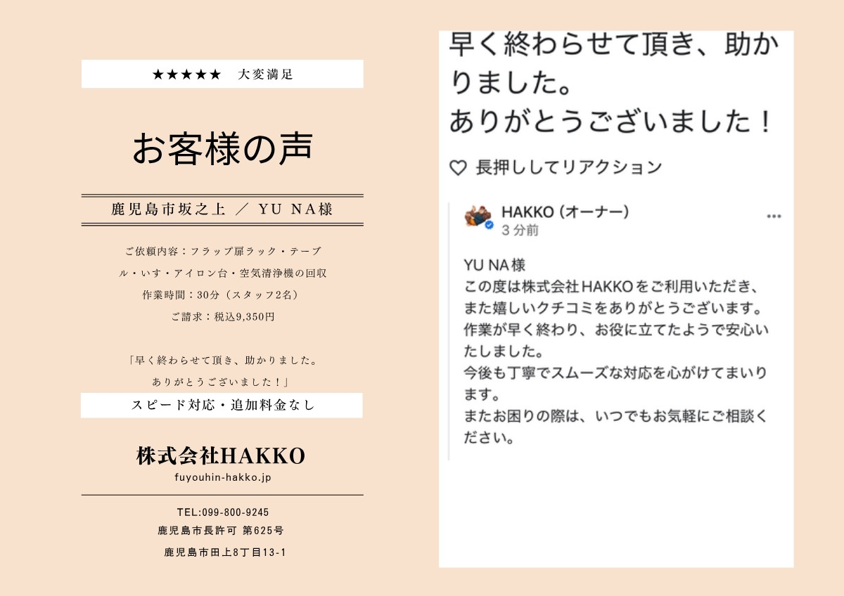 鹿児島市坂之上の不用品回収 お客様の声(Googleクチコミ)