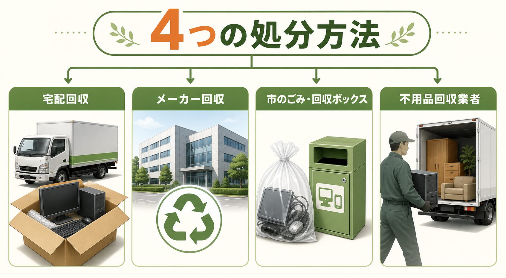 鹿児島市のパソコン処分4つの方法の図解。宅配回収、メーカー回収、市のごみ・回収ボックス、不用品回収業者