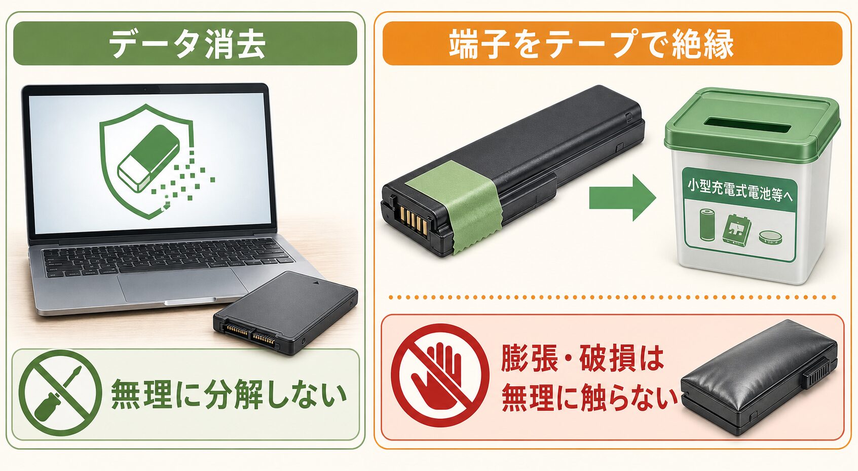 パソコン処分前の注意の図解。データ消去は無理に分解しない、バッテリーは端子をテープで絶縁して小型充電式電池等へ、膨張・破損は無理に触らない