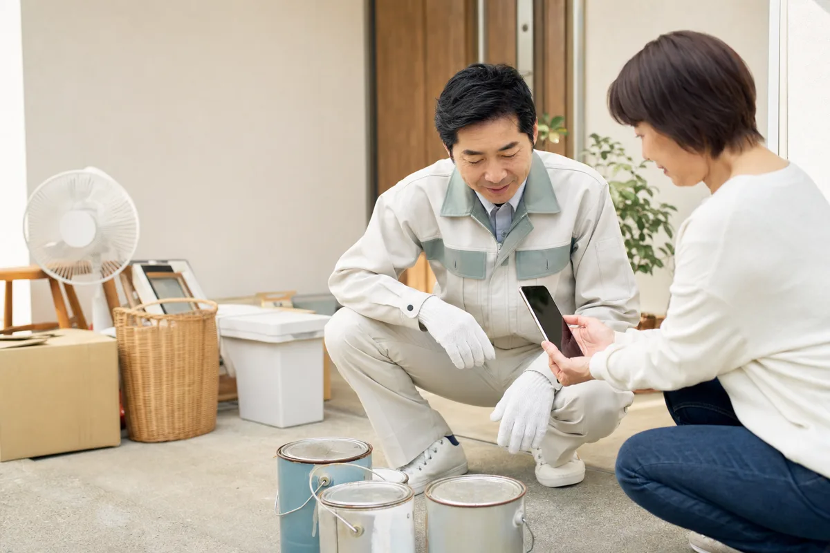 鹿児島市で塗料やペンキの回収について相談する様子