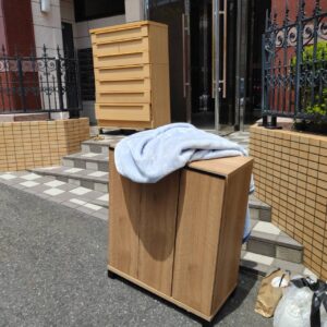 鹿児島市紫原のマンションエントランス前に出された下駄箱とタンス（処分前）