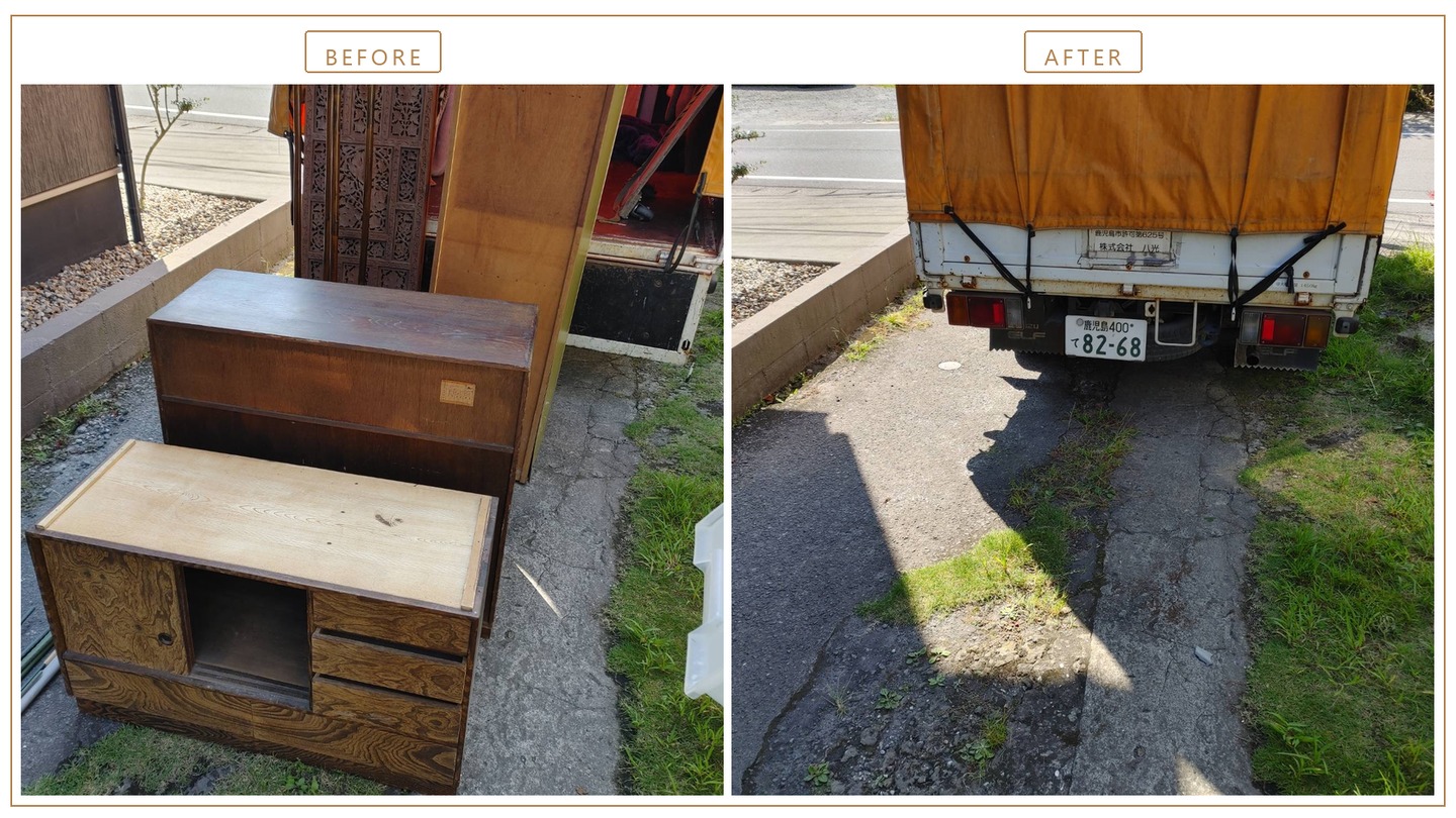 家具の積み込み前と積み込み後(飾り棚と衝立をトラックの前に並べた状態から、幌をかけたトラックだけが残った状態へ)