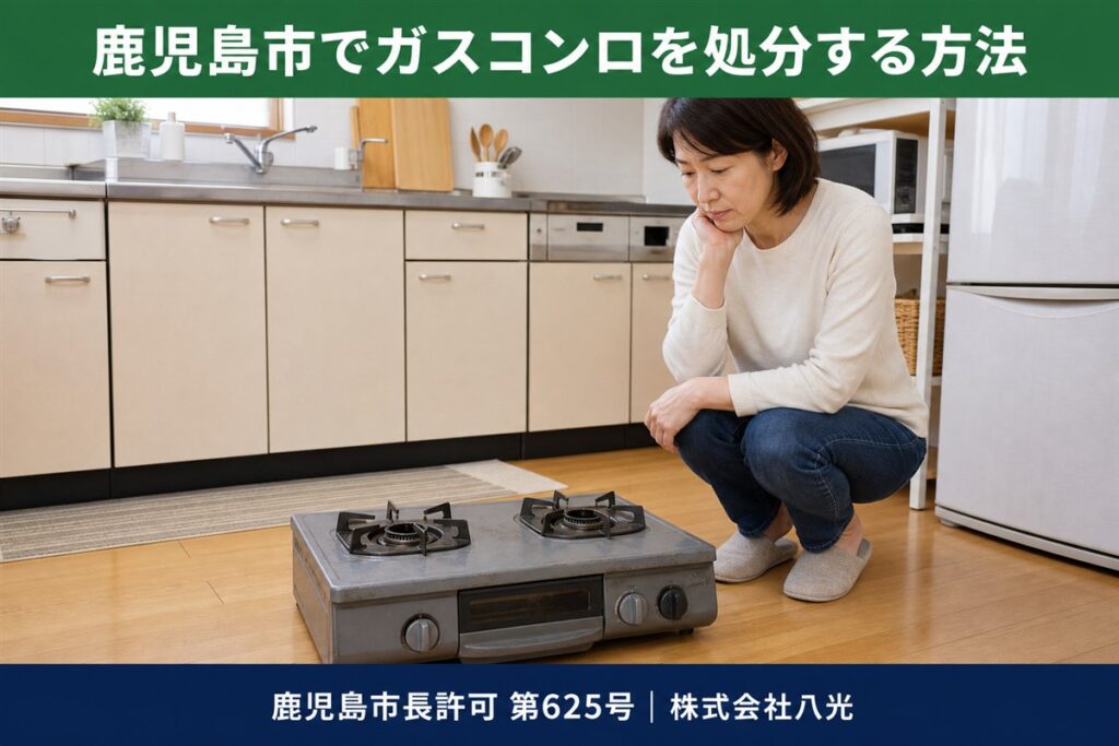 鹿児島市でガスコンロを処分する方法。取り外した据え置き型ガスコンロと困っている女性。粗大ごみの出し方と回収の解説記事