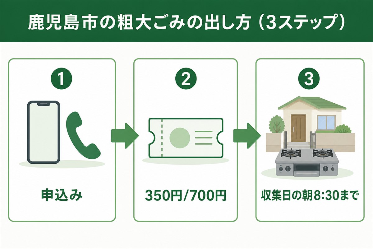 鹿児島市の粗大ごみ収集にガスコンロを出す3ステップ。申込み、手数料350円または700円、収集日の朝8時30分までに搬出