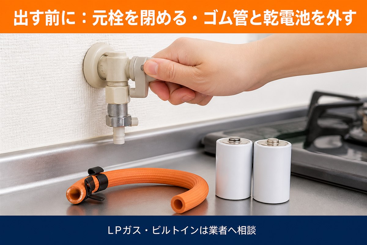ガスコンロを処分する前の準備。ガスの元栓を閉めてゴム管と点火用乾電池を外す。LPガスやビルトインコンロは業者へ相談