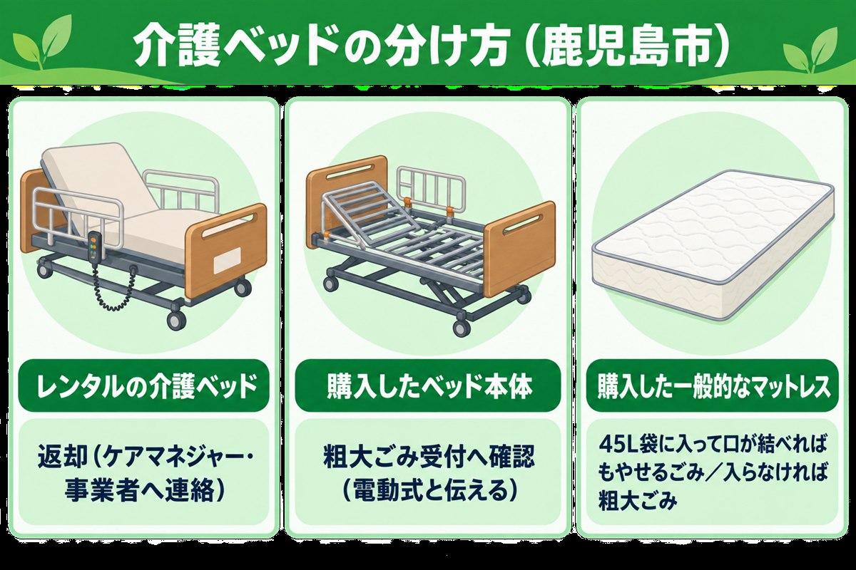 鹿児島市の介護ベッドの分け方。レンタル品は返却、購入したベッド本体は電動式と伝えて粗大ごみ受付へ確認、購入した一般的なマットレスはもやせるごみで袋に入らなければ粗大ごみ