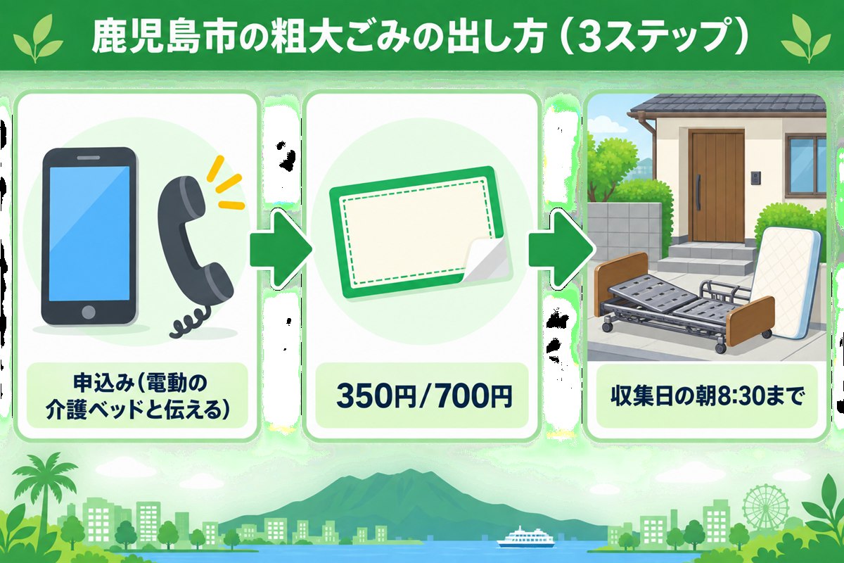 鹿児島市の粗大ごみ収集に介護ベッドを出す3ステップ。申込み時に電動の介護ベッドと伝える、手数料350円または700円、収集日の朝8時30分までに搬出