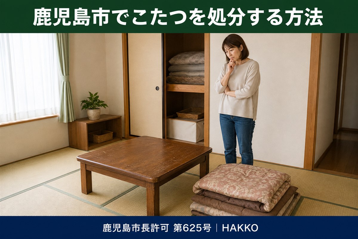 鹿児島市でこたつを処分する方法。押し入れから出した古いこたつとこたつ布団を前に困っている女性。粗大ごみの出し方と回収の解説記事