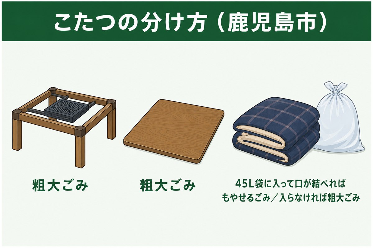 鹿児島市のこたつの分別。本体と天板は粗大ごみ、こたつ布団はもやせるごみで袋に入らなければ粗大ごみ