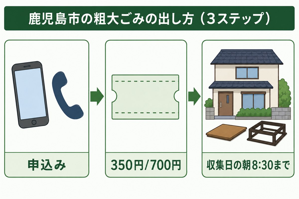 鹿児島市の粗大ごみ収集にこたつを出す3ステップ。申込み、手数料350円または700円、収集日の朝8時30分までに搬出