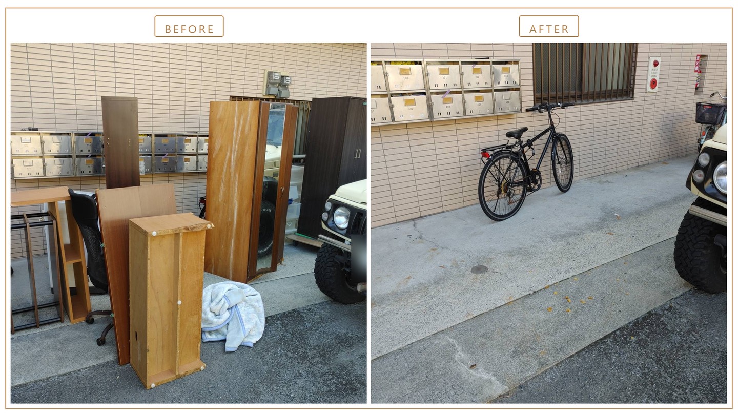 建物前の作業前と作業後(クローゼットや本棚が並んだ状態から、品物がない状態へ)